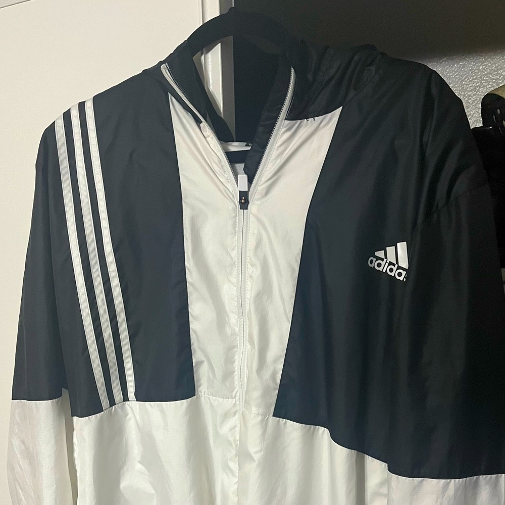 Adidas windbreaker with hood, classic black and white, XXL